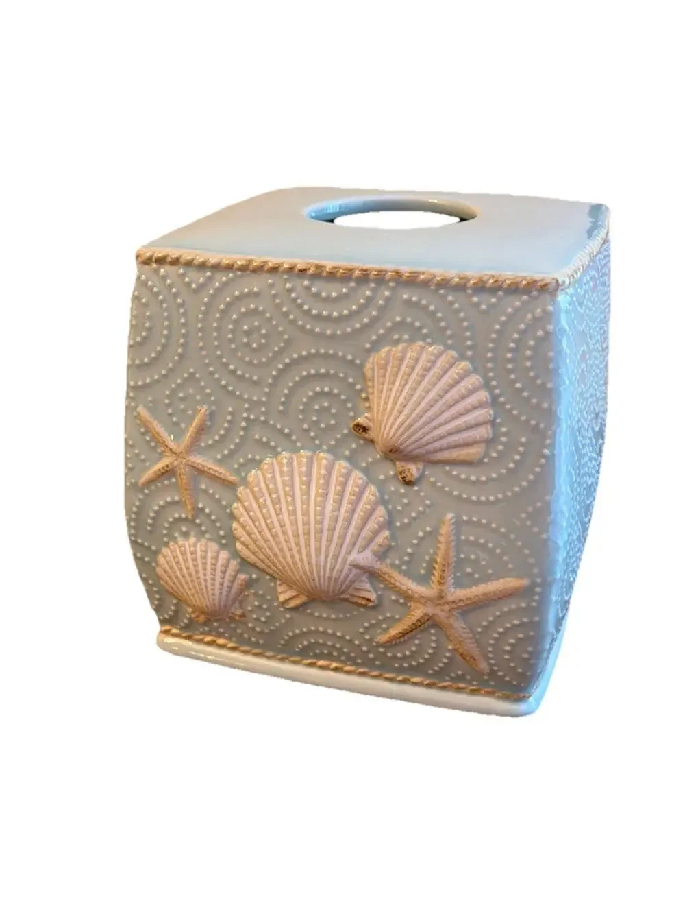 VINTAGE TISSUE BOX COVER Ceramic Starfish & Shells Ocean Beach House 3329-S
